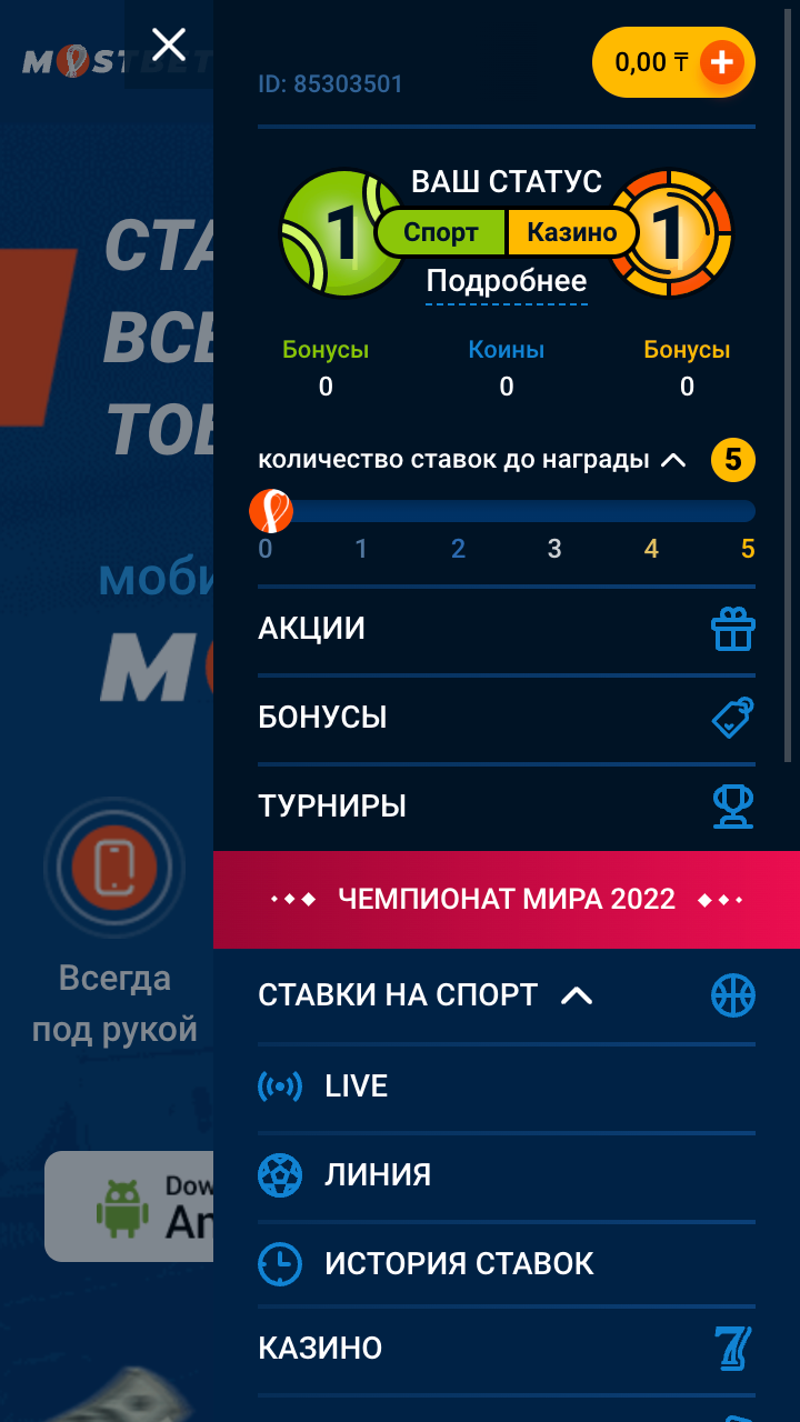  Меню в приложении Мостбет